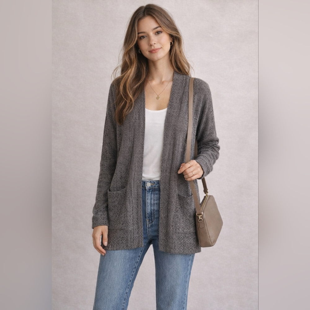 Eileen Fisher Organic Cotton Tencel Cardigan Gray Open Pockets Minimalist Sz M